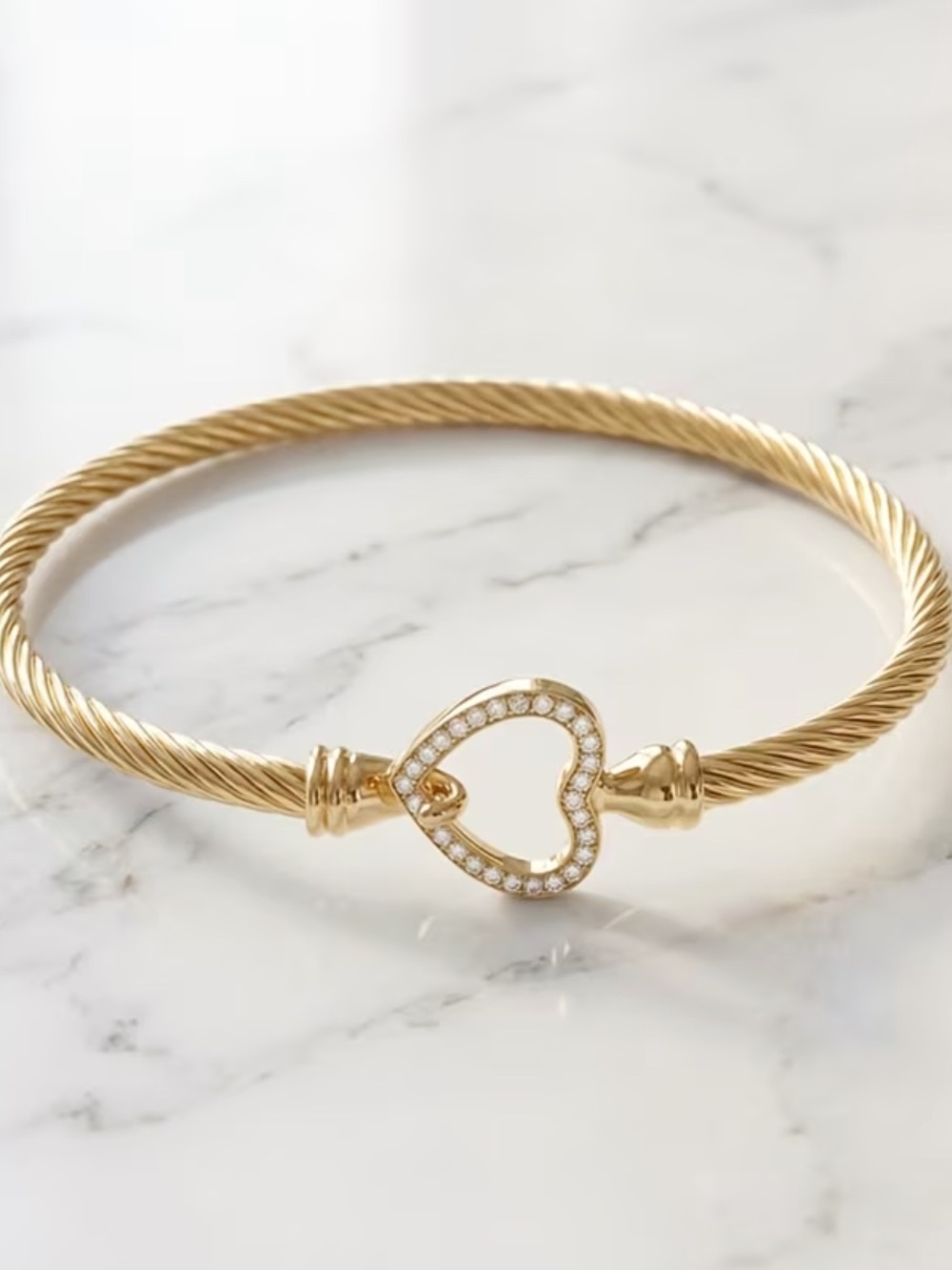 Gold Heart Cable Bangle Bracelet with Crystal Accents